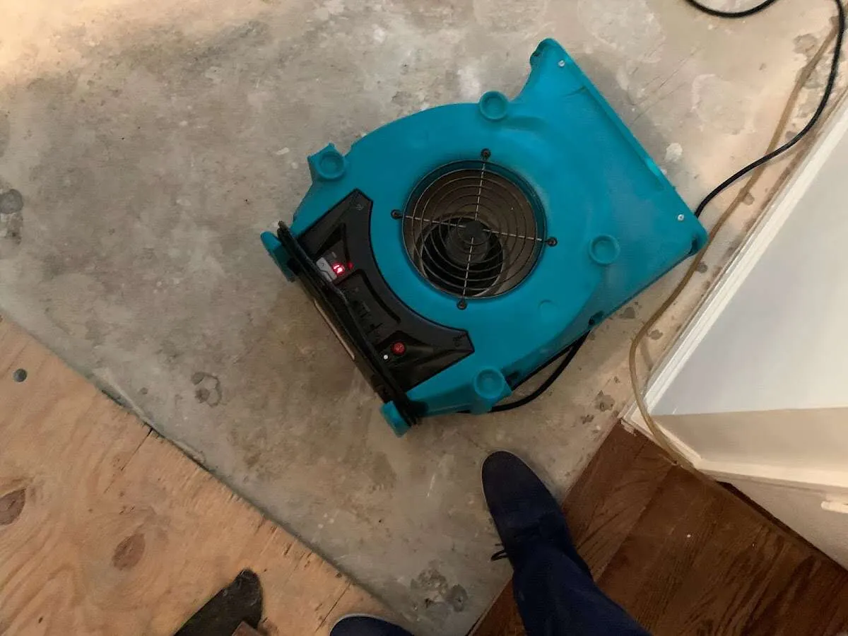 Air mover drying subfloor during Commercial Water Damage Restoration in Walker Mill